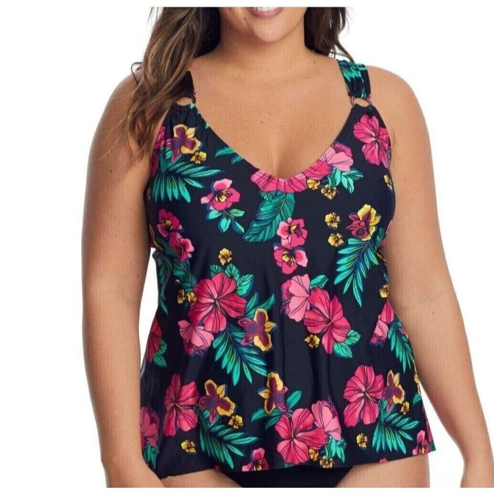 Birdsong Size 22W Floral Tropical Plus Size Flyaway Underwire Tankini Swim Top